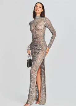 Retrofete Alexa Sequin Open Crochet Dress Metallic Mink Grey Hot
