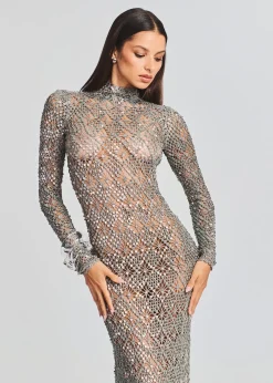 Retrofete Alexa Sequin Open Crochet Dress Metallic Mink Grey Hot