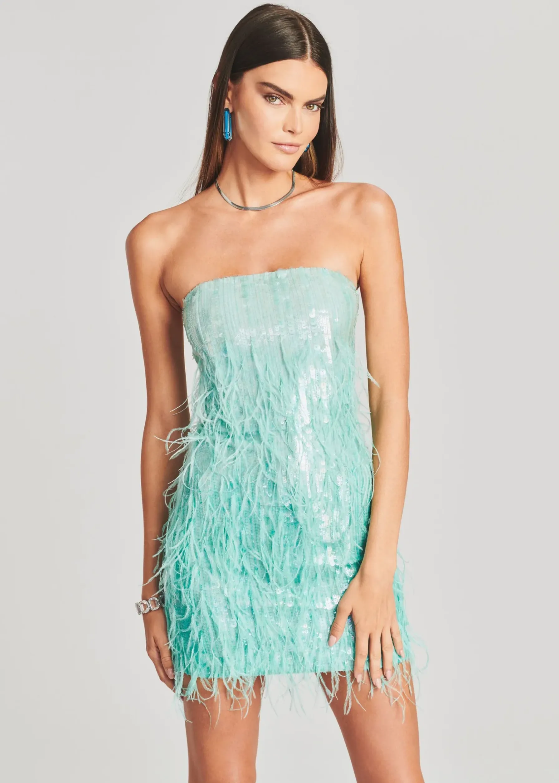 Retrofete Anastasia Sequin Feather Dress Turquoise Powder Hot