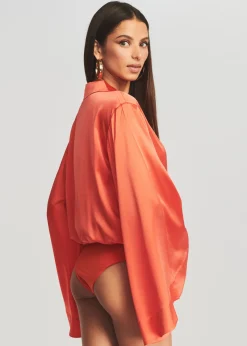 Retrofete Avalon Silk Bodysuit Hot Coral Best Sale