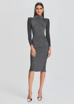 Retrofete Aylin Rib Knit Dress Metallic Black/Silver New