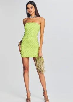 Retrofete Felicity Embellished Chiffon Dress Neon Yellow Grid Fashion