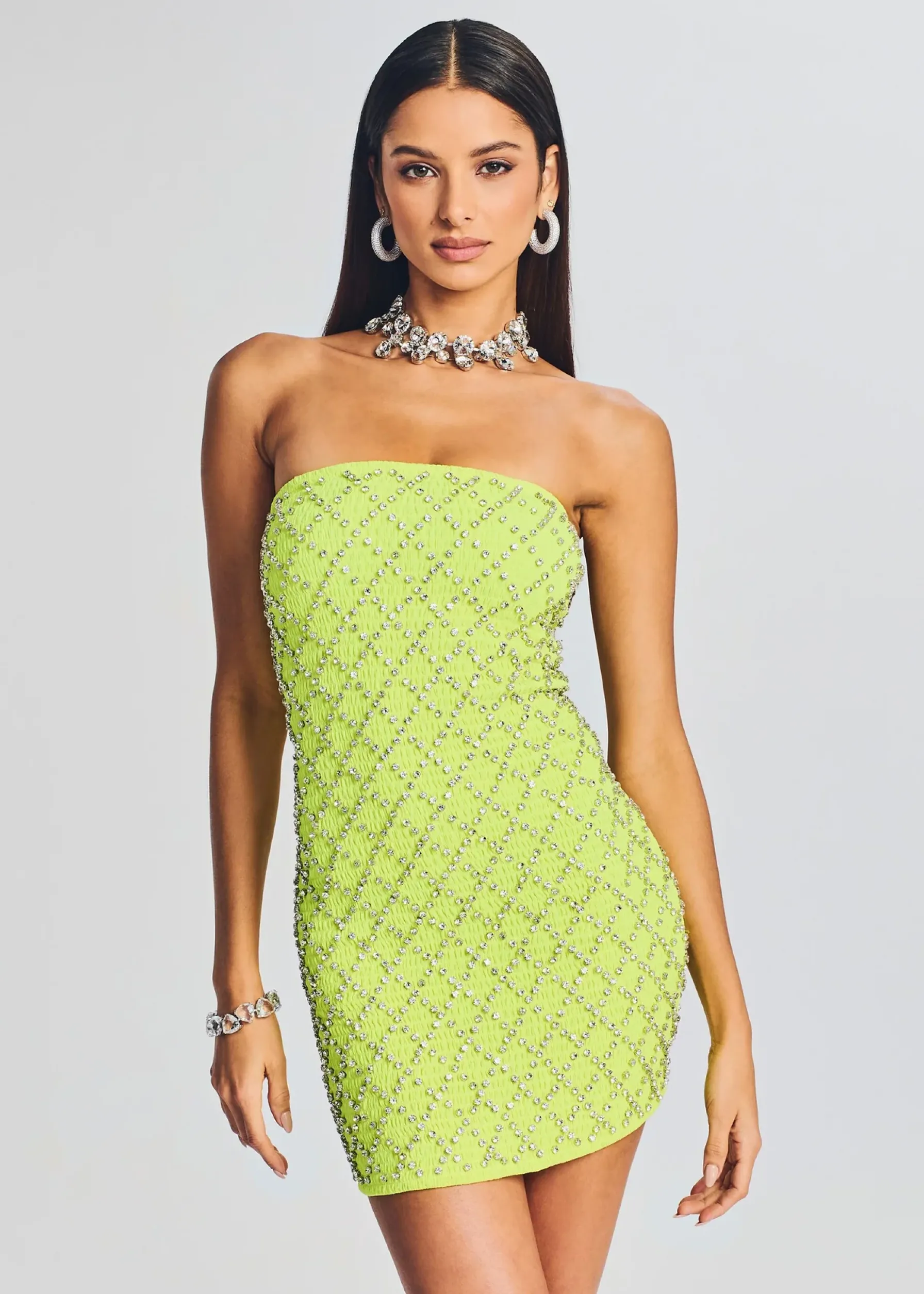 Retrofete Felicity Embellished Chiffon Dress Neon Yellow Grid Fashion