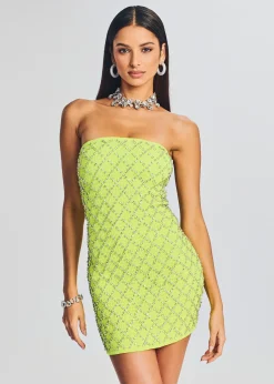 Retrofete Felicity Embellished Chiffon Dress Neon Yellow Grid Flash Sale