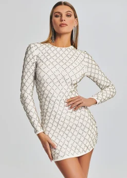 Retrofete Harlowe Embellished Chiffon Dress White/Silver Grid Hot