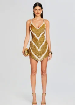 Retrofete Inessa Feather Sequin Dress Gold/White Clearance