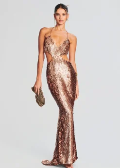 Retrofete Miko Feather Sequin Dress Bronze/Gold Clearance