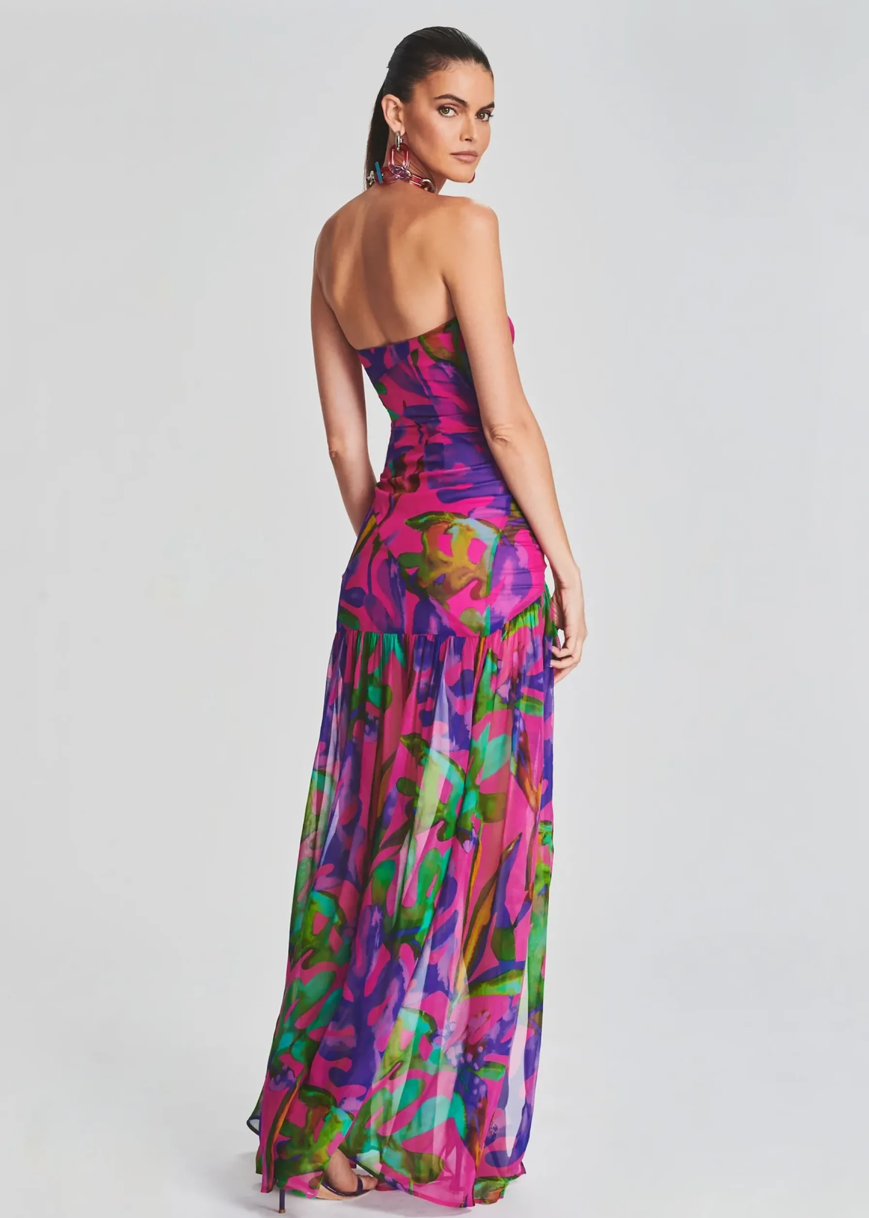 Retrofete Nicole Silk Chiffon Dress Tropical Leaf Cheap