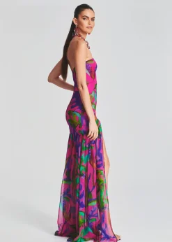 Retrofete Nicole Silk Chiffon Dress Tropical Leaf Discount