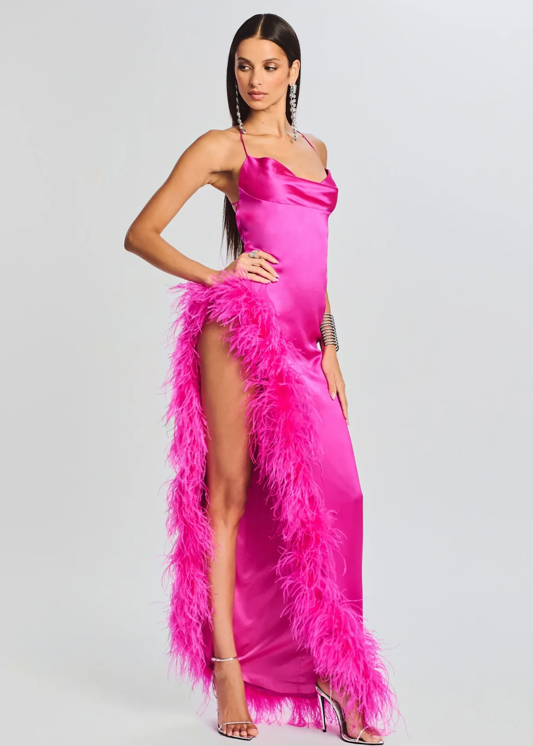 Retrofete Priscilla Feather Dress Neon Pink Clearance