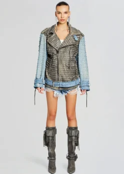 Retrofete Rebel Embellished Leather Jacket Tangier/Silver New