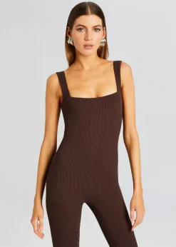 Retrofete Sabrina Sleeveless Enviro Rib Catsuit Brown New