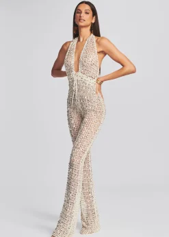 Retrofete Tosca Sequin Crochet Jumpsuit Ivory Gold Shop