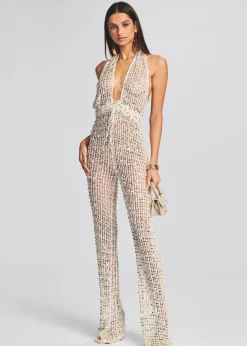 Retrofete Tosca Sequin Crochet Jumpsuit Ivory Gold New