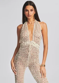 Retrofete Tosca Sequin Crochet Jumpsuit Ivory Gold Outlet
