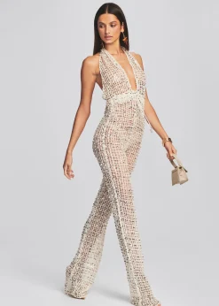 Retrofete Tosca Sequin Crochet Jumpsuit Ivory Gold Outlet