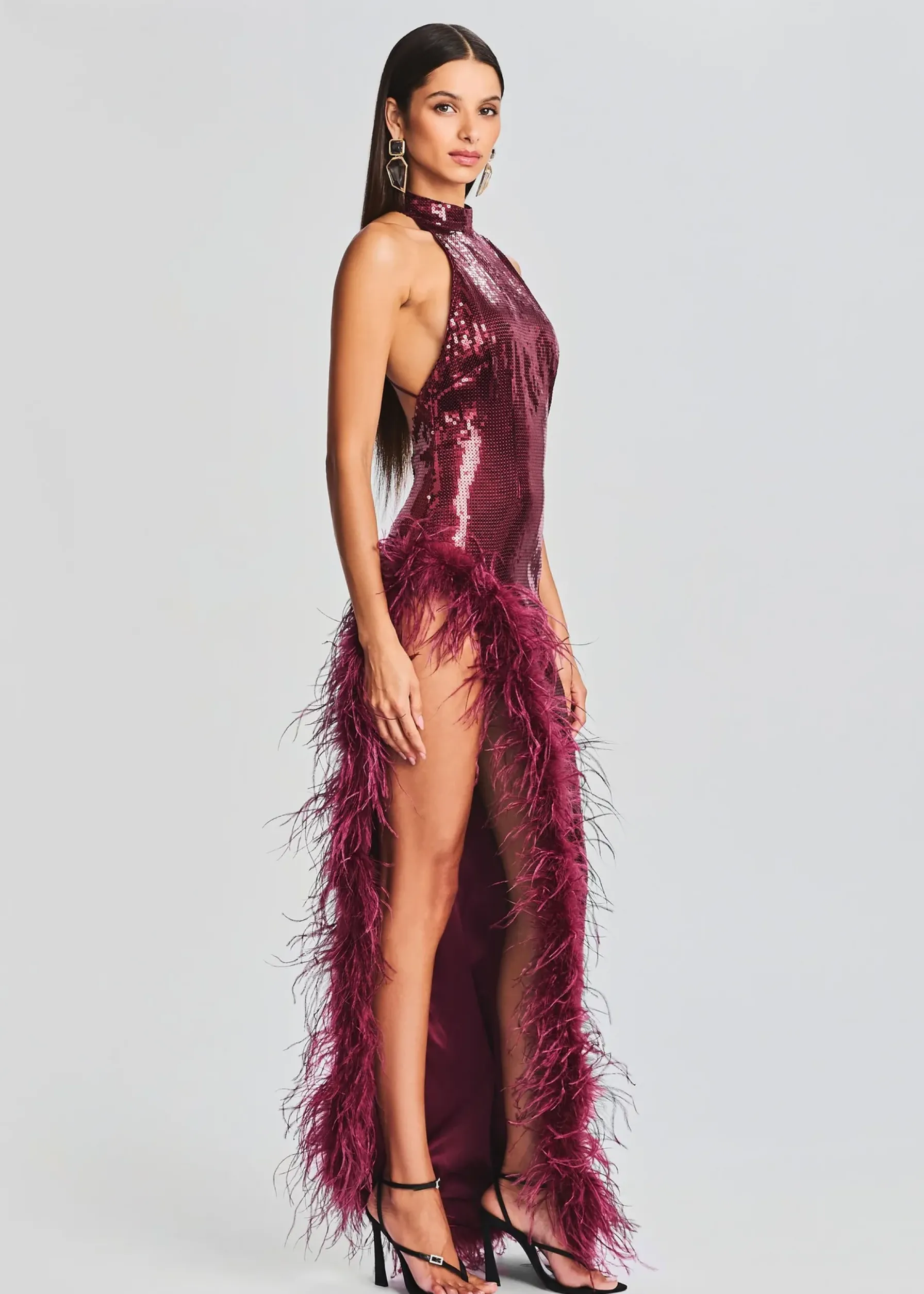 Retrofete Vixen Sequin Feather Dress Cabernet Sale