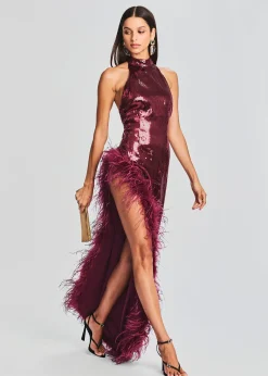 Retrofete Vixen Sequin Feather Dress Cabernet Sale