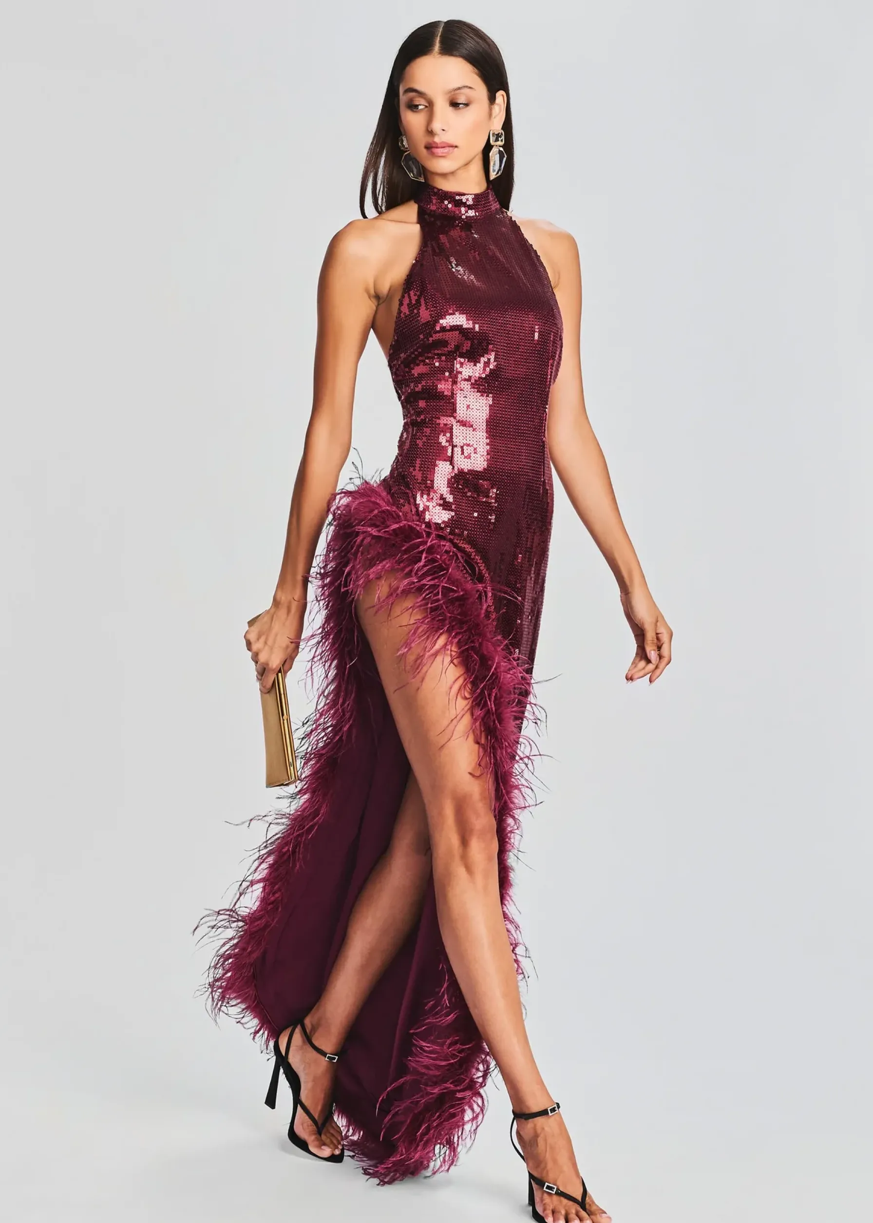 Retrofete Vixen Sequin Feather Dress Cabernet Sale